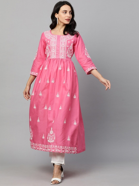 

FASHOR Women Pink Regular Thread Work Pure Cotton Kurti with Trousers