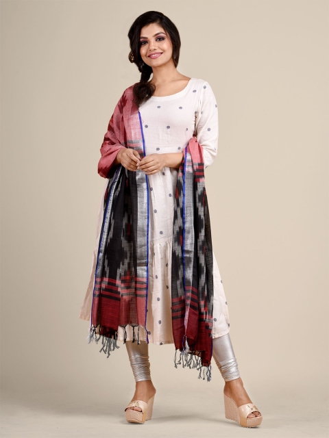 

Arhi Red & Blue Ethnic Motifs Woven Design Linen Ikat Dupatta
