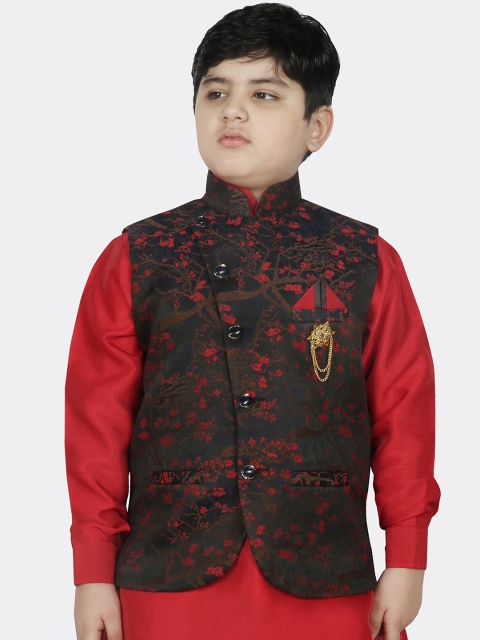 

SG YUVRAJ Boys Black & Red Floral Printed Satin Nehru Jacket