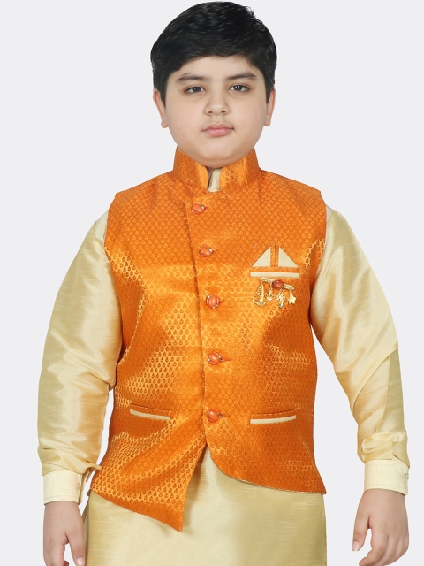 

SG YUVRAJ Boys Orange Printed Satin Nehru Jacket