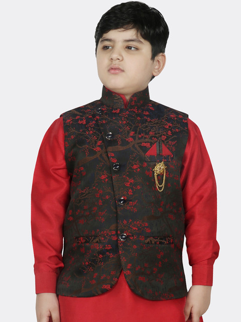 

SG YUVRAJ Boys Black & Red Printed Satin Nehru Jacket