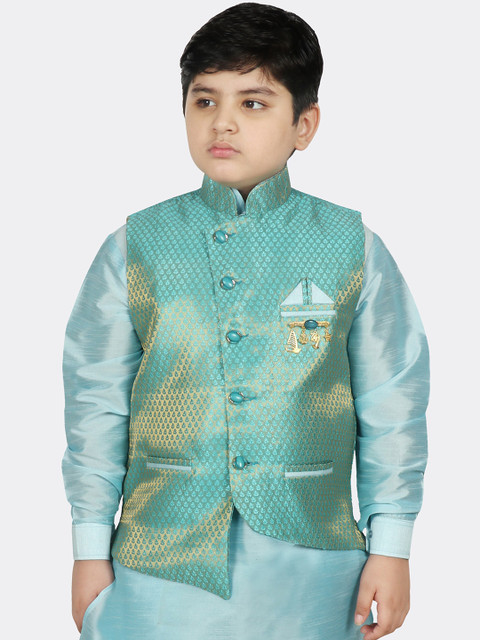 

SG YUVRAJ Boys Turquoise Blue & Gold Coloured Woven Design Satin Nehru Jacket