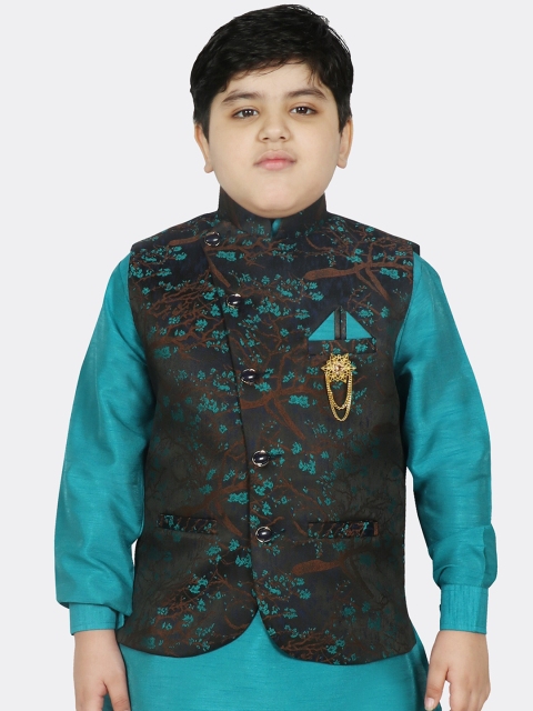 

SG YUVRAJ Boys Black & Teal Printed Satin Nehru Jacket