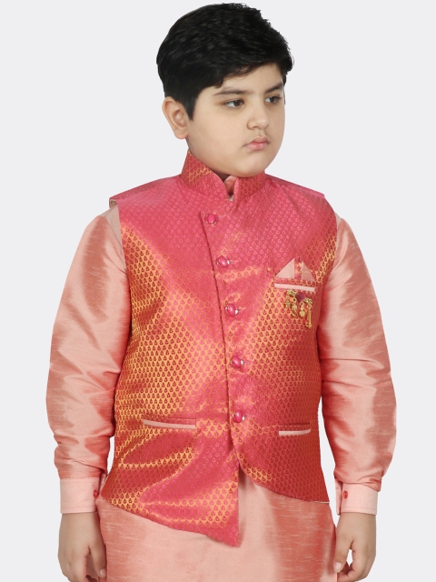 

SG YUVRAJ Boys Pink & Gold-Coloured Printed Satin Nehru Jacket