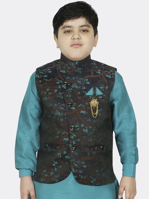 

SG YUVRAJ Boys Teal Blue & Brown Printed Satin Nehru Jacket