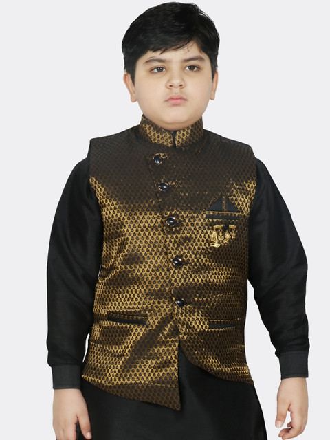 

SG YUVRAJ Boys Black & Gold-Coloured Printed Satin Nehru Jacket