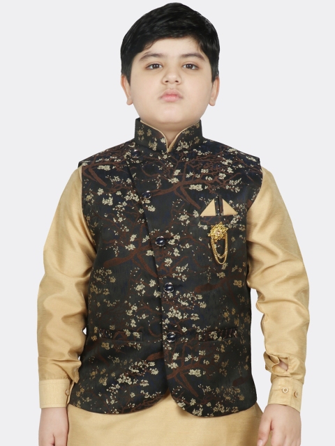 

SG YUVRAJ Boys Black & Beige Printed Satin Nehru Jacket