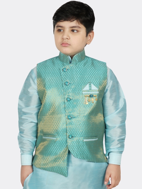 

SG YUVRAJ Boys Turquoise Blue & Gold-Coloured Printed Satin Nehru Jacket