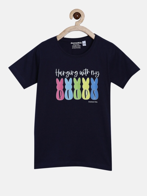 American Kids Navy Blue & Green Typography Printed T-shirt