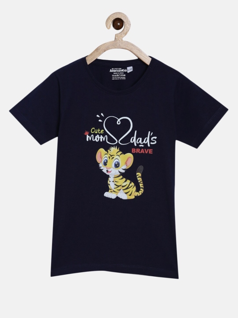 American Kids Unisex Kids Navy Blue Typography Printed Pure Cotton T-shirt