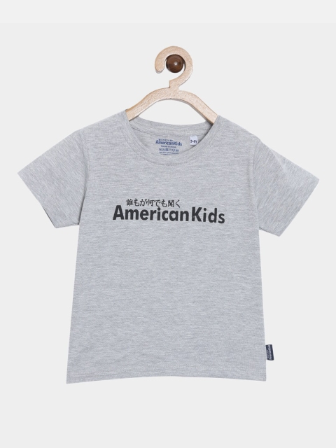 

American Kids Boys Grey Melange & Black Typography Printed Pure Cotton T-shirt