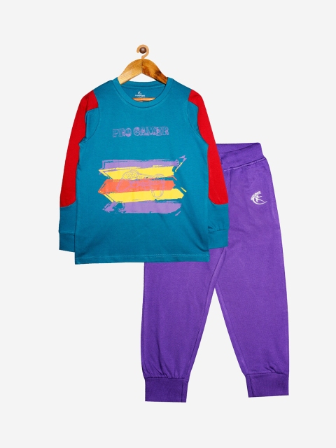 

KiddoPanti Set Of 2 Boys Teal & Purple Printed T-shirt with Pyjamas