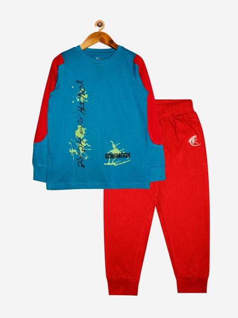 

KiddoPanti Boys Teal & Red Printed T-shirt with Pyjamas