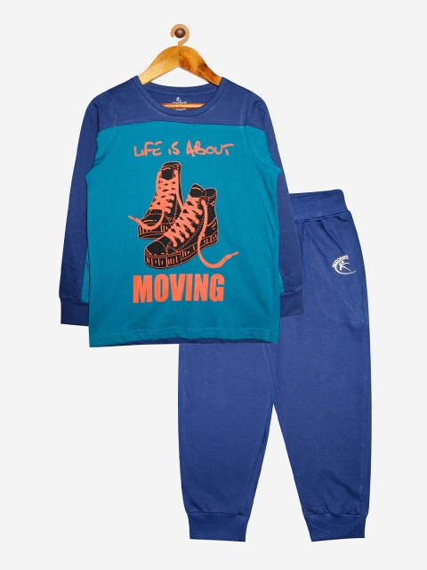 

KiddoPanti Set of 2 Boys Teal & Blue Printed T-shirt with Pyjamas