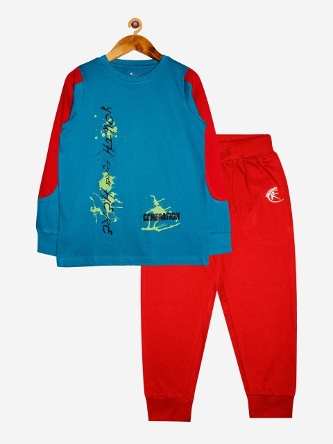 

KiddoPanti Boys Teal & Red Pure Cotton Tshirt & Track Pant Set