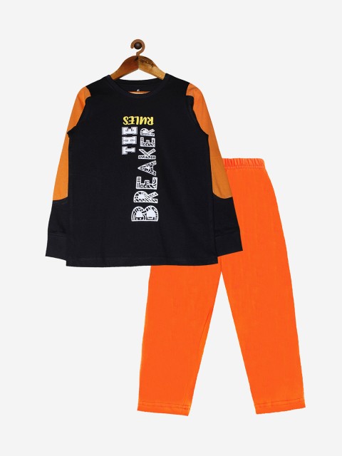 

KiddoPanti Set Of 2 Boys Black & Orange Printed T-shirt with Pyjamas