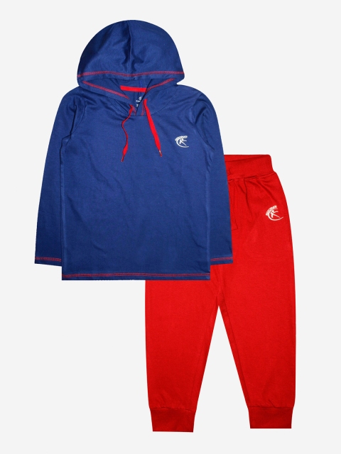 

KiddoPanti Boys Blue & Red Solid Pure Cotton T Shirt & Joggers Set