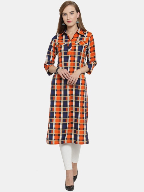 

Enchanted Drapes Women Orange Checked Patchwork Crepe Pathani Kurta