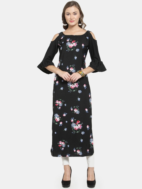 

Enchanted Drapes Women Black & White Floral Printed Flared Sleeves Crepe Kurta