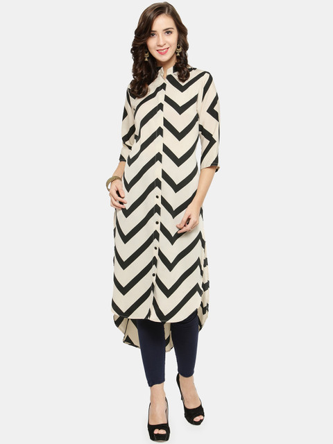 

Enchanted Drapes Women Beige & Black Chevron Striped Crepe Pathani Kurta
