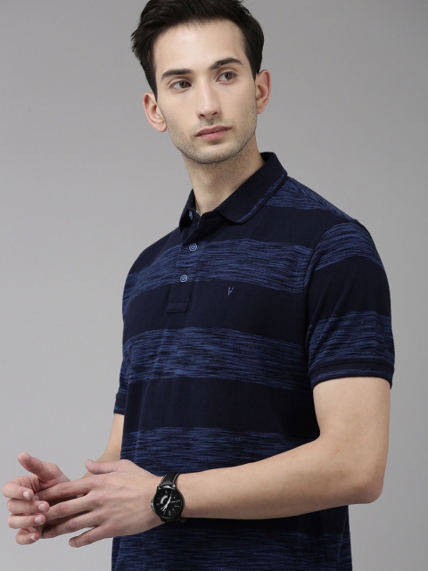 

VAN HEUSEN DENIM LABS Men Navy Blue Striped Polo Collar Pure Cotton T-shirt