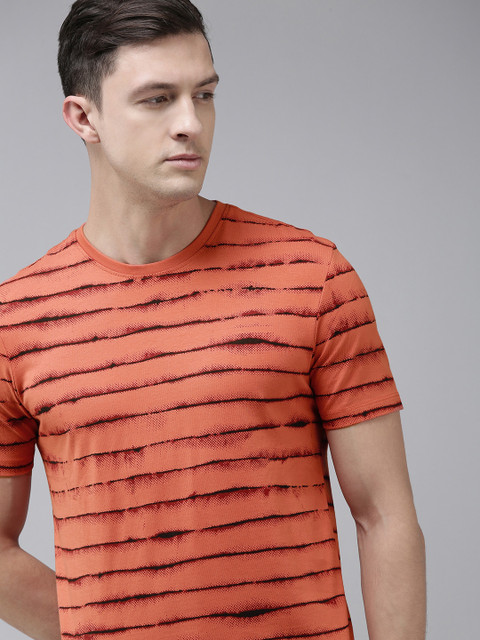 

VAN HEUSEN DENIM LABS Men Rust Striped Pure Cotton T-shirt