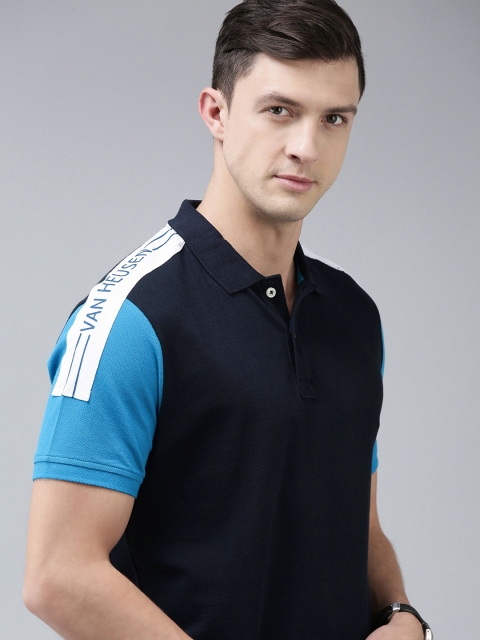 

Van Heusen Sport Men Navy Blue Contrast Sleeves Polo Collar Pure Cotton T-shirt