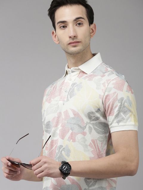 

VAN HEUSEN DENIM LABS Men Beige Floral Printed Polo Collar Pure Cotton T-shirt