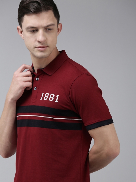 

Van Heusen Sport Men Maroon & Navy Blue Striped Polo Collar Pure Cotton T-shirt