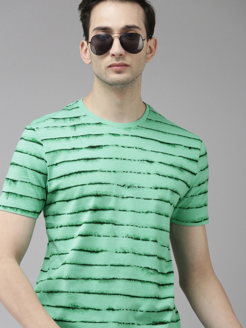 

VAN HEUSEN DENIM LABS Men Green Striped Pure Cotton T-shirt