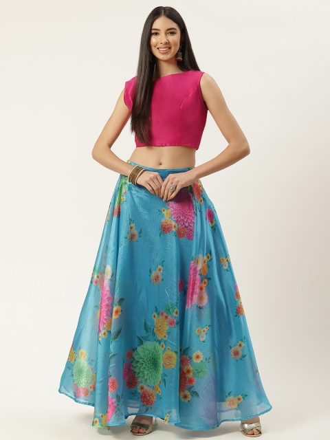 

Studio Shringaar Turquoise Blue & Pink Floral Print Ready to Wear Lehenga Choli
