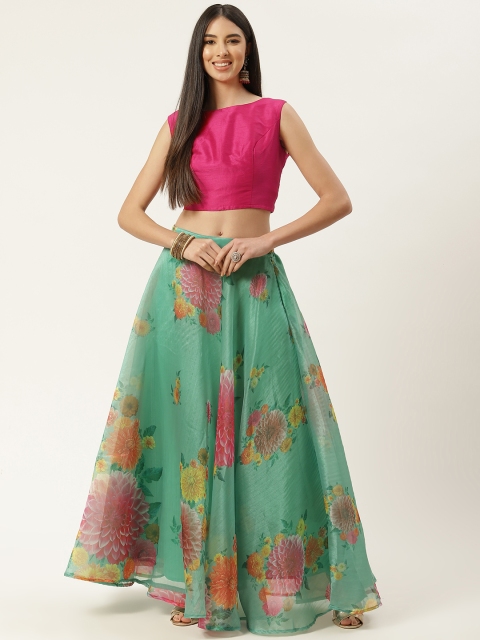 

Studio Shringaar Green & Pink Floral Print Ready to Wear Lehenga Choli