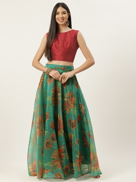 

Studio Shringaar Green & Maroon Floral Print Ready to Wear Fusion Lehenga Choli