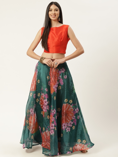 

Studio Shringaar Green & Orange Floral Print Ready to Wear Lehenga Choli