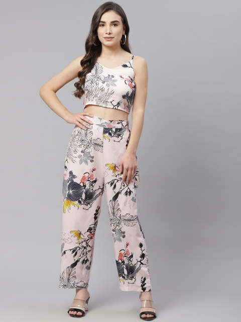 

SIRIKIT Peach-Coloured & Grey Floral Print Top & Trouser