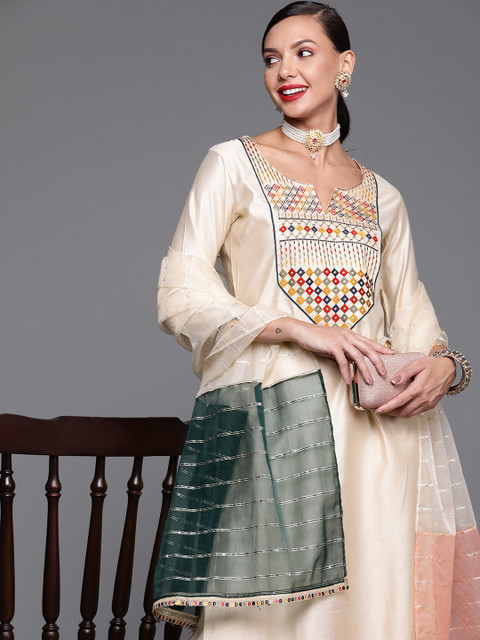 

Indo Era Women Cream-Coloured Yoke Design Mirror Work Liva Kurta with Palazzos & Dupatta