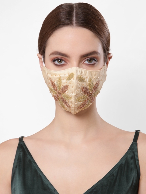 

Anekaant Women Cream-Coloured & Gold-Toned Embellished 3-Ply Reusable Cloth Mask