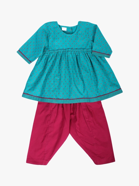 

Fabindia Girls Teal Floral Printed Regular Kurta with Salwar