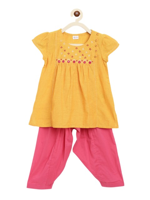 

Fabindia Girls Yellow & Pink Cotton Kurti Salwar Set