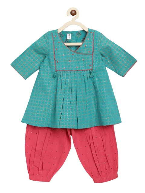 

Fabindia Kids Girls Teal & Coral Cotton Nagri 2 Piece Salwar Set