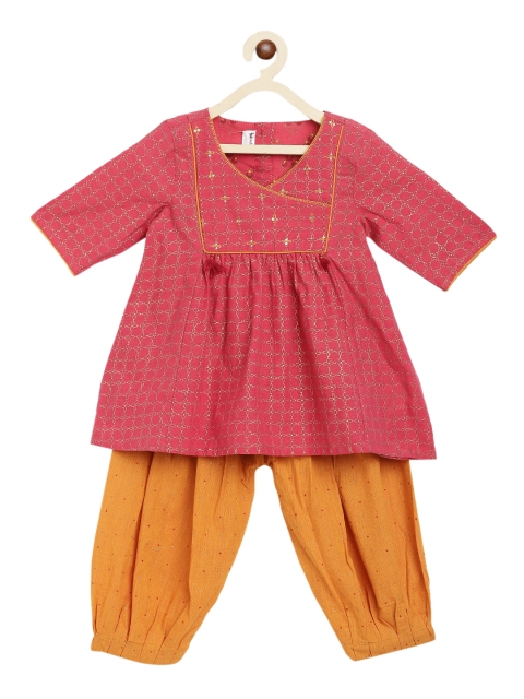 

Fabindia Girls Pink Ethnic Motifs Printed Angrakha Kurta with Salwar