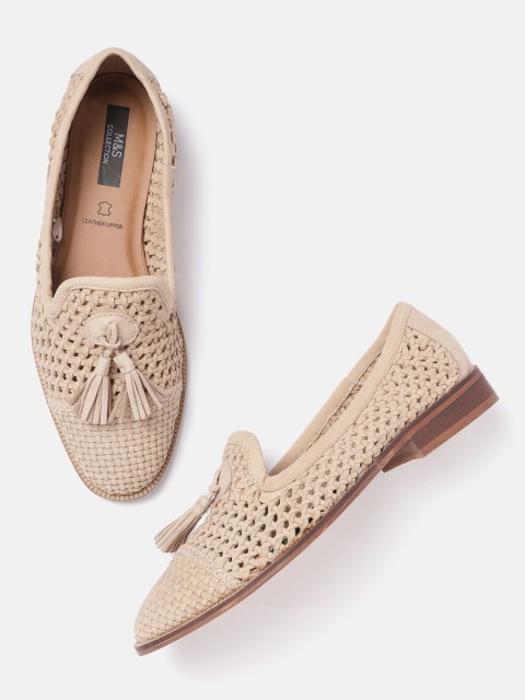 

Marks & Spencer Women Beige Leather Basketweave Tasselled Loafers
