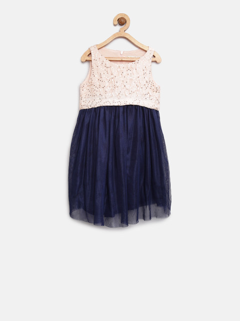 

Nauti Nati Girls Peach-Coloured & Navy Sequinned A-Line Dress