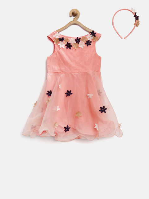 

Nauti Nati Girls Peach-Coloured Floral Applique Fit & Flare Dress