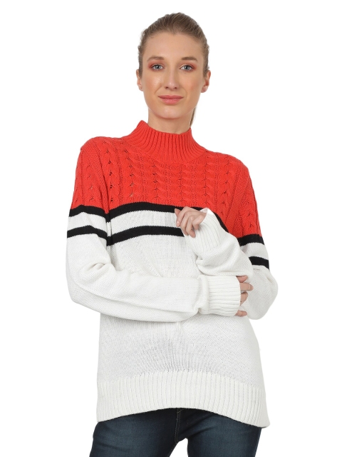 

NoBarr Women White & Red Colourblocked Longline Pullover Acrylic Sweater