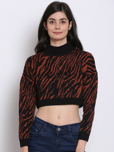 

NoBarr Women Rust & Black Animal Printed Acrylic Crop Pullover Sweater