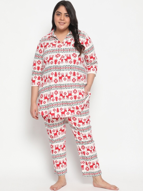 

Amydus White & Red Reindeer Printed Shirt Style Longline Top