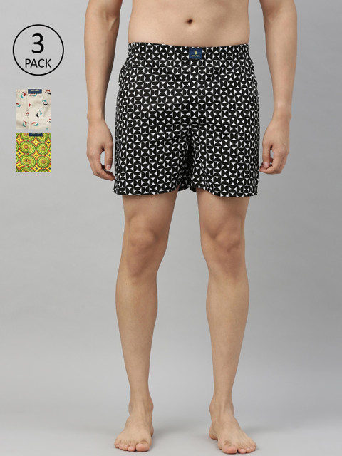 

Joven Men Pack Of 3 Printed Pure Cotton Boxers JB3PV-KLTAFS, Black