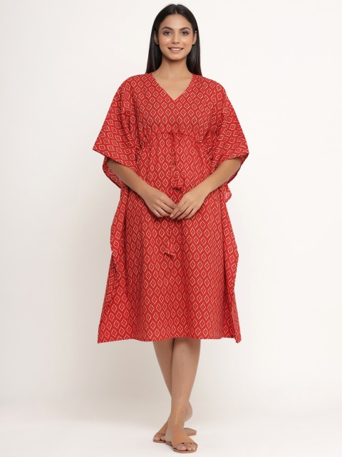 

JISORA Red Printed Pure Cotton Nightdress