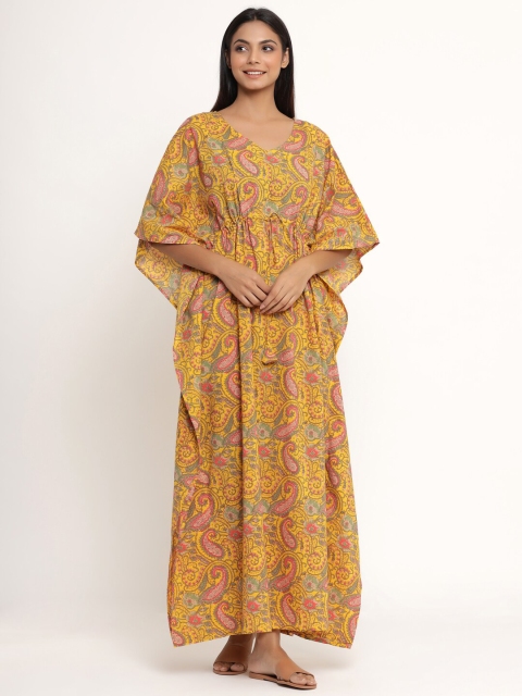 

JISORA Yellow Printed Maxi Pure Cotton Nightdress